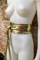 GOLD obi belt. Wrap belt in soft genuine leather. Wraparound waist belt.Wide style. Boho dress belt in metallic effect leather. Party belt
