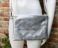 Small leather bag in SILVER .Cross body bag, shoulder bag / wristlet in GENUINE leather. Silver purse with adjustable strap. Boho bags