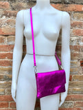 Small leather bag in metallic pink. Fuchsia GENUINE leather shoulder / crossbody bag . Hot pink and GOLD purse with adjustable strap+ zipper