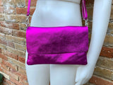 Small leather bag in metallic pink. Fuchsia GENUINE leather shoulder / crossbody bag . Hot pink and GOLD purse with adjustable strap+ zipper