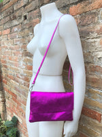 Small leather bag in metallic pink. Fuchsia GENUINE leather shoulder / crossbody bag . Hot pink and GOLD purse with adjustable strap+ zipper