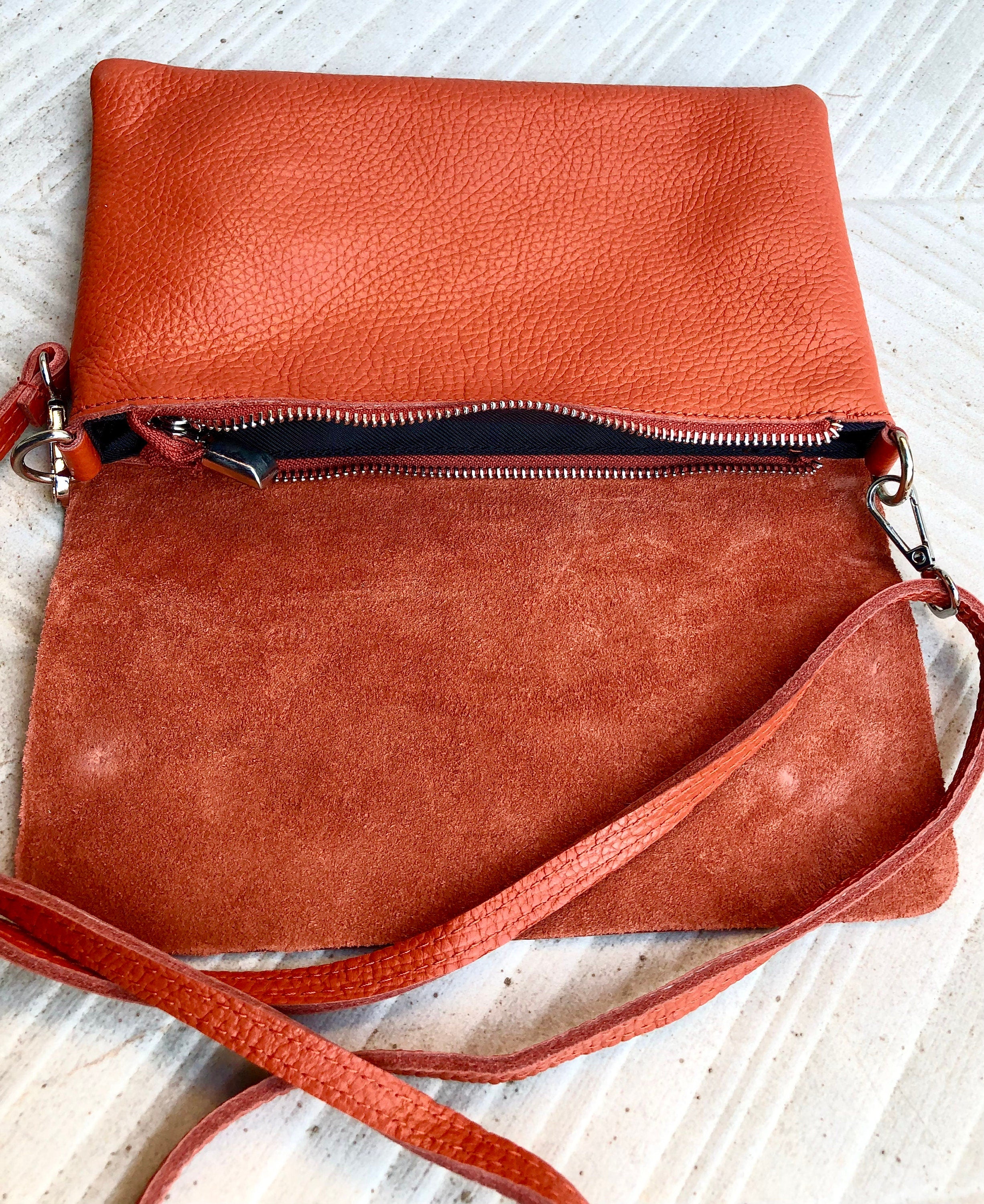 Small leather bag in orange. Crossbody bag, shoulder bag in GENUINE leather. Orange purse with adjustable strap and zipper
