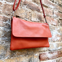 Small leather bag in orange. Crossbody bag, shoulder bag in GENUINE leather. Orange purse with adjustable strap and zipper