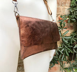 Small leather bag in COPPER. Cross body bag, shoulder bag in GENUINE leather. Metallic shine bag with adjustable strap, zipper and flap.