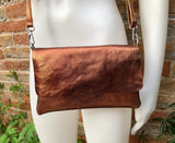 Small leather bag in COPPER. Cross body bag, shoulder bag in GENUINE leather. Metallic shine bag with adjustable strap, zipper and flap.