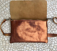 Small leather bag in COPPER. Cross body bag, shoulder bag in GENUINE leather. Metallic shine bag with adjustable strap, zipper and flap.