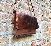 Small leather bag in COPPER. Cross body bag, shoulder bag in GENUINE leather. Metallic shine bag with adjustable strap, zipper and flap.