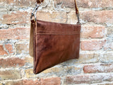 Small leather bag in COPPER. Cross body bag, shoulder bag in GENUINE leather. Metallic shine bag with adjustable strap, zipper and flap.