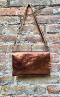 Small leather bag in COPPER. Cross body bag, shoulder bag in GENUINE leather. Metallic shine bag with adjustable strap, zipper and flap.