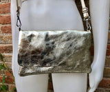 Small leather bag in GOLD. Cross body bag, shoulder bag in GENUINE leather. Metallic shine bag with adjustable strap, zipper and flap.