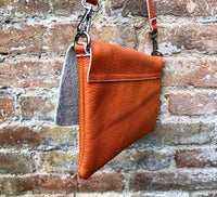 Orange leather bag. 2 straps: 1 leather + 1 guitar strap. GENUINE leather Crossbody / shoulder bag. Small orange purse with flap and zipper