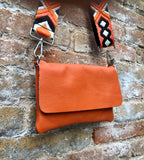 Orange leather bag. 2 straps: 1 leather + 1 guitar strap. GENUINE leather Crossbody / shoulder bag. Small orange purse with flap and zipper