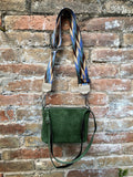 Suede leather bag in GREEN. 2 straps: suede + guitar strap. Cross body or shoulder bag in GENUINE leather. Small GREEN purse with zipper.