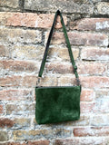 Suede leather bag in GREEN. 2 straps: suede + guitar strap. Cross body or shoulder bag in GENUINE leather. Small GREEN purse with zipper.