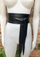 BLACK obi belt. Wrap belt in soft genuine leather. Wraparound waist belt. Wide style. Boho dress belt in soft black leather