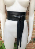 BLACK obi belt. Wrap belt in soft genuine leather. Wraparound waist belt. Wide style. Boho dress belt in soft black leather