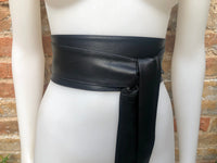 BLACK obi belt. Wrap belt in soft genuine leather. Wraparound waist belt. Wide style. Boho dress belt in soft black leather