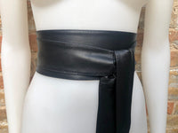 BLACK obi belt. Wrap belt in soft genuine leather. Wraparound waist belt. Wide style. Boho dress belt in soft black leather