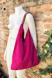 Slouch leather bag in FUCHSIA PINK . Large shoulder leather bag. Origami boho bag. Large magenta suede leather bag. Hot PINK suede bag.