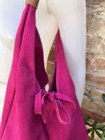 Slouch leather bag in FUCHSIA PINK . Large shoulder leather bag. Origami boho bag. Large magenta suede leather bag. Hot PINK suede bag.