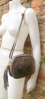 Small leather bag in bronze. Cross body bag, shoulder bag in GENUINE leather. Metallic shine leather bag with adjustable strap and zipper