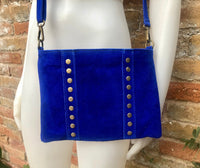 Cross body bag. Boho suede leather bag in COBALT blue with bronze color tacks. Messenger bag in genuine suede leather. BLUE crossbody bag