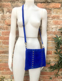 Cross body bag. Boho suede leather bag in COBALT blue with bronze color tacks. Messenger bag in genuine suede leather. BLUE crossbody bag