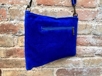 Cross body bag. Boho suede leather bag in COBALT blue with bronze color tacks. Messenger bag in genuine suede leather. BLUE crossbody bag