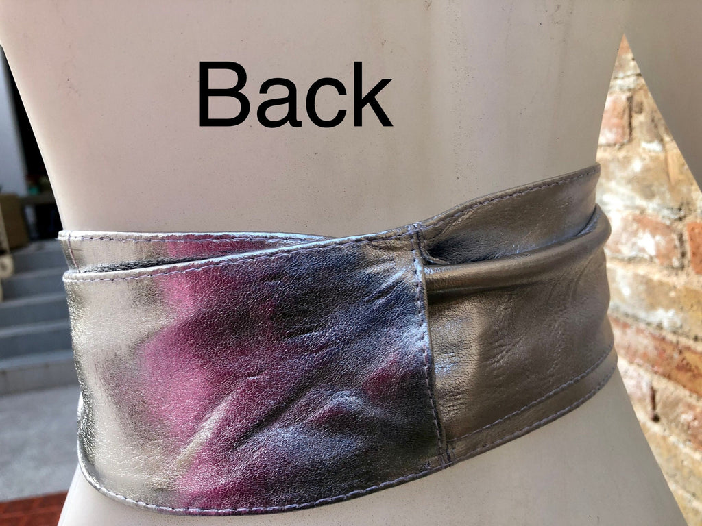 Dark SILVER obi belt. Wrap belt in soft genuine leather. Wide wraparound waist belt. Boho dress belt in metallic leather. Silver obi belt.
