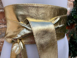 GOLD obi belt. Wrap belt in soft genuine leather. Wraparound waist belt.Wide style. Boho dress belt in metallic effect leather. Party belt