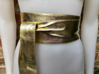 GOLD obi belt. Wrap belt in soft genuine leather. Wraparound waist belt.Wide style. Boho dress belt in metallic effect leather. Party belt