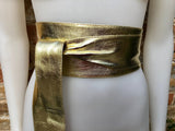 GOLD obi belt. Wrap belt in soft genuine leather. Wraparound waist belt.Wide style. Boho dress belt in metallic effect leather. Party belt