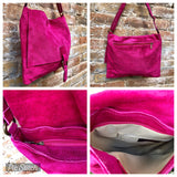 Magenta pink suede bag. Genuine leather purse. Crossbody fuchsia Messenger bag in soft natural leather for books, tablets. Hot pink purse