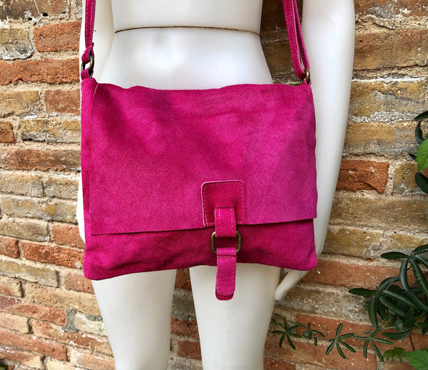 Magenta pink suede bag. Genuine leather purse. Crossbody fuchsia Messenger bag in soft natural leather for books, tablets. Hot pink purse