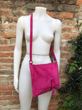 Magenta pink suede bag. Genuine leather purse. Crossbody fuchsia Messenger bag in soft natural leather for books, tablets. Hot pink purse