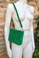 Suede leather bag in GREEN. Cross body bag, shoulder bag in GENUINE leather. Small leather bag with adjustable strap and zipper.