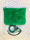 Suede leather bag in GREEN. Cross body bag, shoulder bag in GENUINE leather. Small leather bag with adjustable strap and zipper.