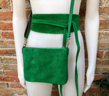 Small suede bag in GREEN with matching belt. Cross body bag and OBI belt set in suede leather. Adjustable strap and zipper