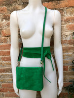 Small suede bag in GREEN with matching belt. Cross body bag and OBI belt set in suede leather. Adjustable strap and zipper
