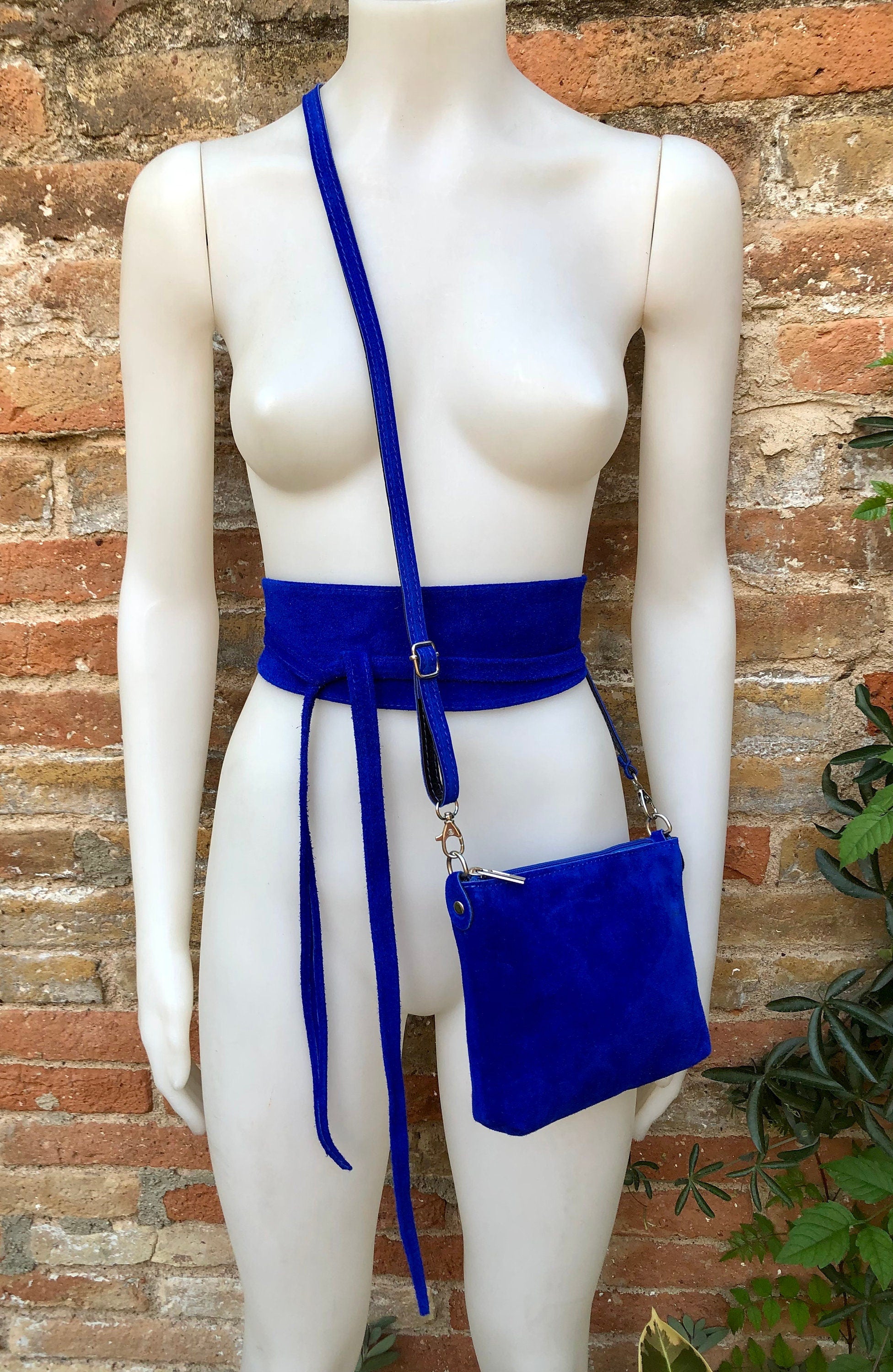 Small suede bag in COBALT BLUE with belt.Cross body bag and OBI belt set in genuine suede leather. Wrap belt and smal purse. Wide suede belt