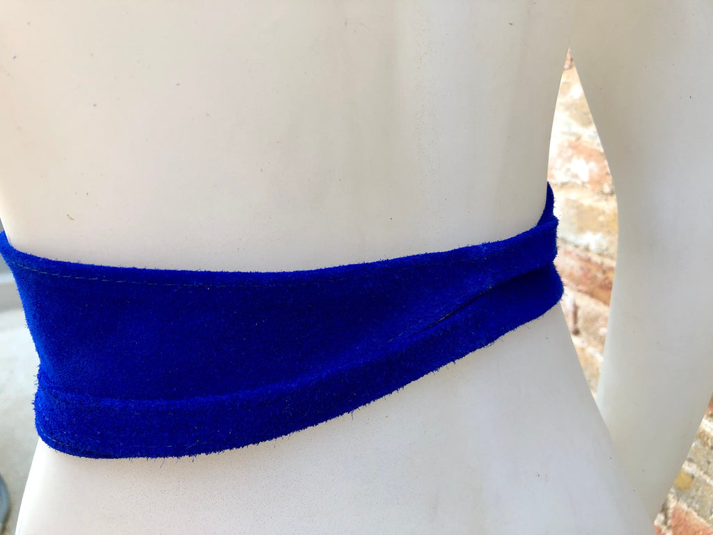 Small suede bag in COBALT BLUE with belt.Cross body bag and OBI belt set in genuine suede leather. Wrap belt and smal purse. Wide suede belt