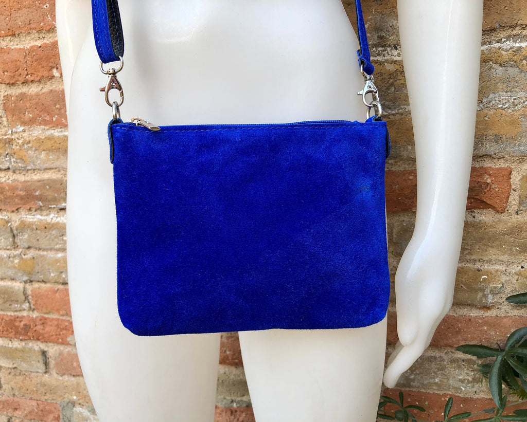Small suede bag in COBALT BLUE with belt.Cross body bag and OBI belt set in genuine suede leather. Wrap belt and smal purse. Wide suede belt