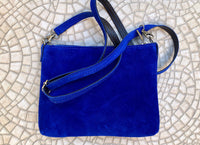 Suede leather bag in cobalt blue. Cross body bag, shoulder bag in GENUINE leather. Blue smalll leather bag. Adjustable strap. + zipper