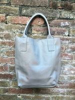 Tote leather bag in light gray - beige. Leather shopper in GENUINE leather. Large carry all bag for your laptop, books. Grey leather shopper