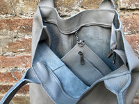 Tote leather bag in light gray - beige. Leather shopper in GENUINE leather. Large carry all bag for your laptop, books. Grey leather shopper
