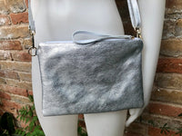 Small leather bag in SILVER .Cross body bag, shoulder bag / wristlet in GENUINE leather. Silver purse with adjustable strap. Boho bags