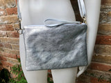 Small leather bag in SILVER .Cross body bag, shoulder bag / wristlet in GENUINE leather. Silver purse with adjustable strap. Boho bags