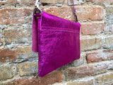 Small leather bag in metallic pink. Fuchsia GENUINE leather shoulder / crossbody bag . Hot pink and GOLD purse with adjustable strap+ zipper