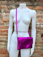 Small leather bag in metallic pink. Fuchsia GENUINE leather shoulder / crossbody bag . Hot pink and GOLD purse with adjustable strap+ zipper