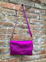 Small leather bag in metallic pink. Fuchsia GENUINE leather shoulder / crossbody bag . Hot pink and GOLD purse with adjustable strap+ zipper